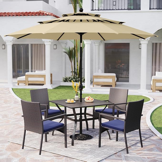 PHI VILLA 5pc Patio Dining Set with Umbrella, Square Table, Rattan Chairs | Includes 37" square metal table, 4 cushioned rattan chairs, and 10ft beige umbrella. Perfect for patio, deck, yard, or porch