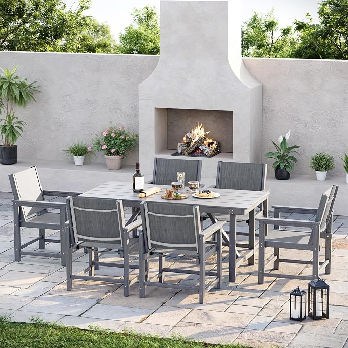 Amopatio Outdoor HDPE Dining Chairs Set of 6 All-Weather Patio Chairs with Textilene Backrest Heavy Duty for Porch Backyard Deck Lawn Garden, Gray