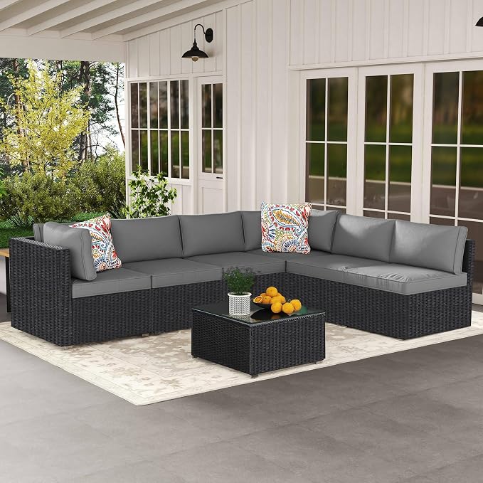 7-Piece Outdoor Patio Furniture Set, Outdoor Couch - Handwoven All-Weather Rattan & 4” Thick Waterproof Cushions, Wicker Outdoor Conversation Sets with Coffee Table for Backyard, 2026, Black/Grey