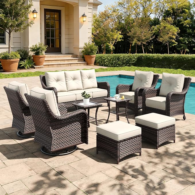 9 Pieces Outdoor Furniture Set with 6-inch Cushions, High Back Wicker Swivel Rocker Chairs with Coffee Table, Luxury Conversation Set for Deck Patio and Poolside