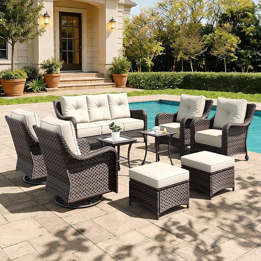 9 Pieces Outdoor Furniture Set with 6-inch Cushions, High Back Wicker Swivel Rocker Chairs with Coffee Table, Luxury Conversation Set for Deck Patio and Poolside