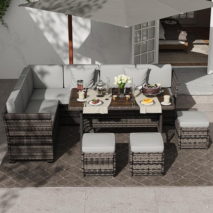 KIGOTY 7 Piece Patio Furniture Set, Outdoor PE Wicker Rattan Outdoor Dining Set, Patio Table and Chairs Set, Patio Conversation Sofa Set with Dining Table and Ottoman (Beige Black-Light Grey)