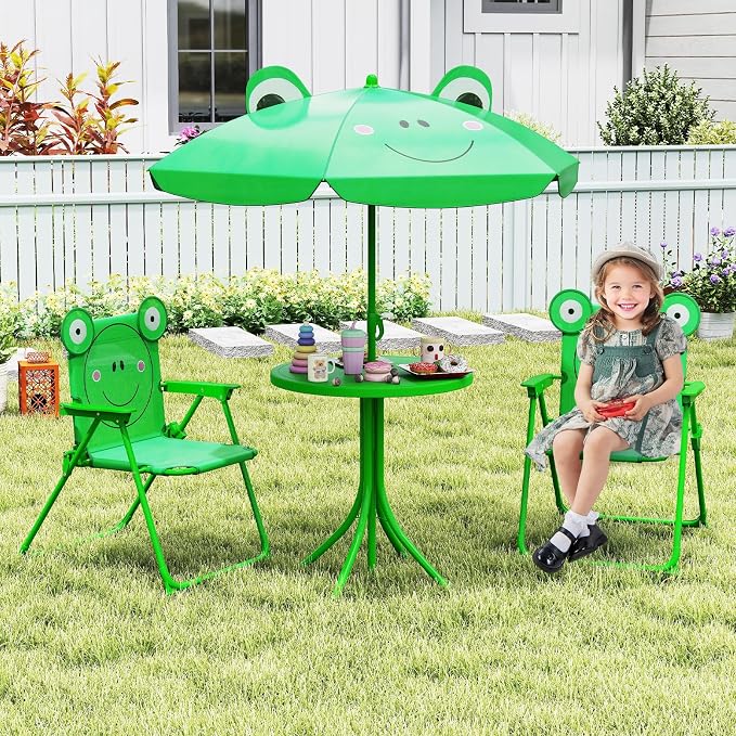 KOTEK Kids Picnic Table with Umbrella, Outdoor Table & 2 Folding Chairs, Cute Pattern Children’s Patio Furniture, Portable Kids Table and Chair Set for Backyard, Garden, Beach (Green)