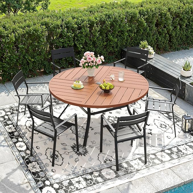 DIFY 7 Piece Outdoor Patio Dining Set for 6, 50" Round Dining Table with Umbrella Hole and Stackable Metal Chairs, Patio Table and Chairs Set for Backyard Garden Poolside, Walnut & Black