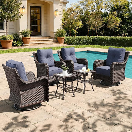 6 Pieces Outdoor Furniture Set with 6-inch Cushions, High Back Wicker Swivel Rocker Chairs with Coffee Table, Luxury Conversation Set for Deck Patio and Poolside