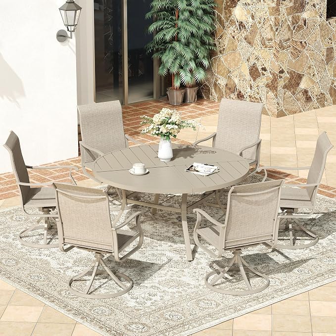 VICLLAX 50" Round Patio Dining Table for 6, All Weather Metal Outdoor Table with 1.57" Umbrella Hole and Surdy Frame for Garden Lawn Deck, Sandshell