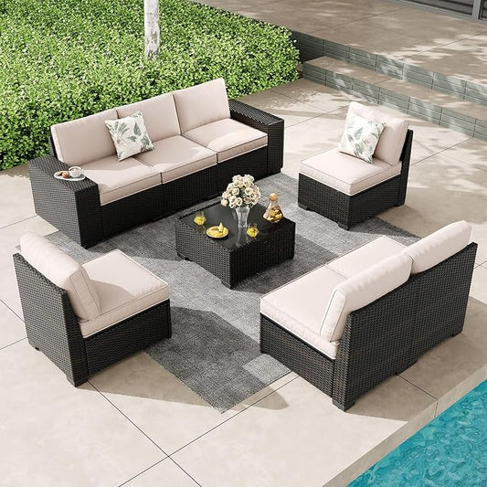 Patio Furniture Set, 8 Pieces Outdoor Couch Sofa with Wider Armrests & Glass Coffee Table, Outdoor Sectional Furniture with Thick Cushions for Party, Poolside,Garden-Beige