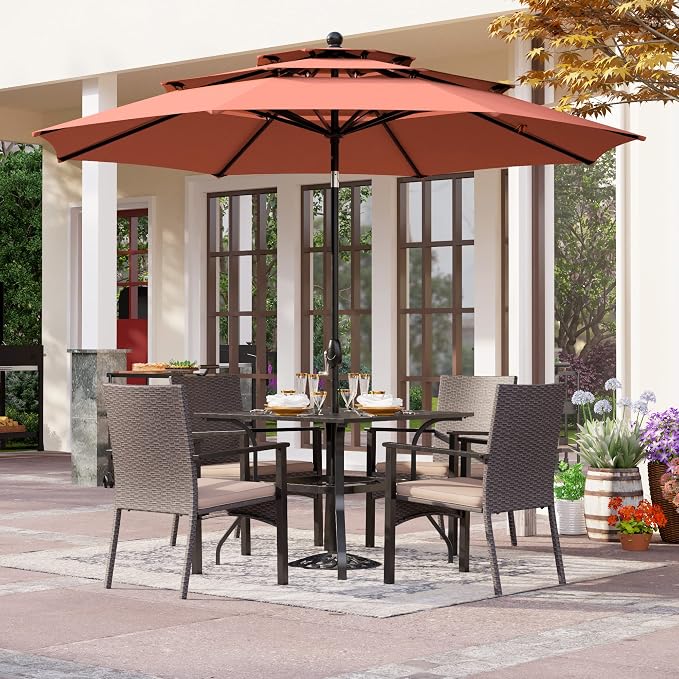 PHI VILLA 5pc Patio Dining Set with Umbrella, Square Table, Rattan Chairs | 37" Metal square dining table, cushioned wicker chairs, 10ft red umbrella. Perfect for patio, deck, yard, porch.