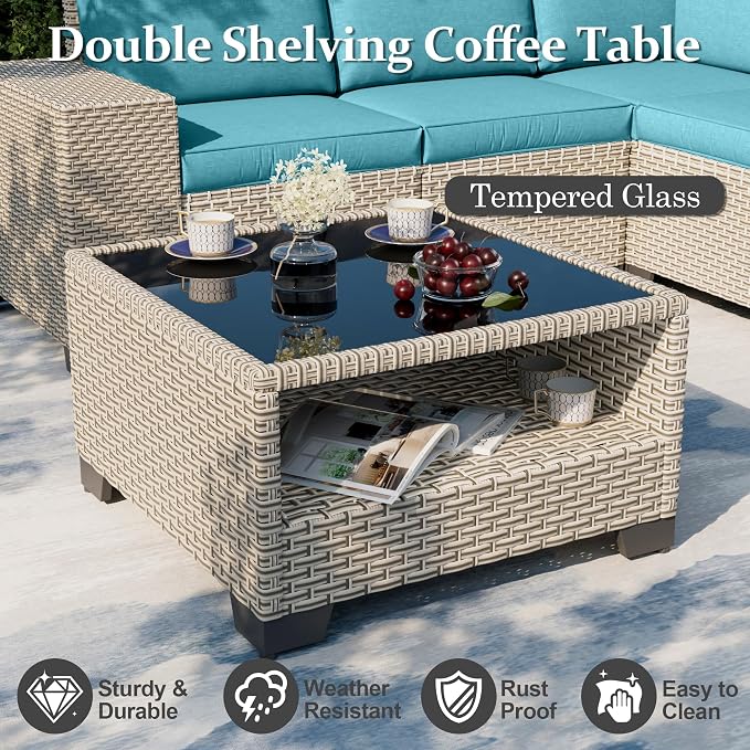 7-Piece Outdoor Patio Furniture Set with Fire Pit, Modular Sectional Sofa Set with Glass Coffee Table and Cushions, Wicker Outdoor Couch Conversation Sets, Turquoise