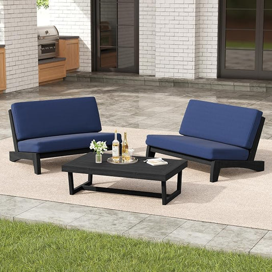 3 Pieces Patio Furniture Sets, All-Weather Outdoor Wood Bistro Set Patio Conversation Coffee Table Chiars and Patio Loveseat for Balcony, Backyard