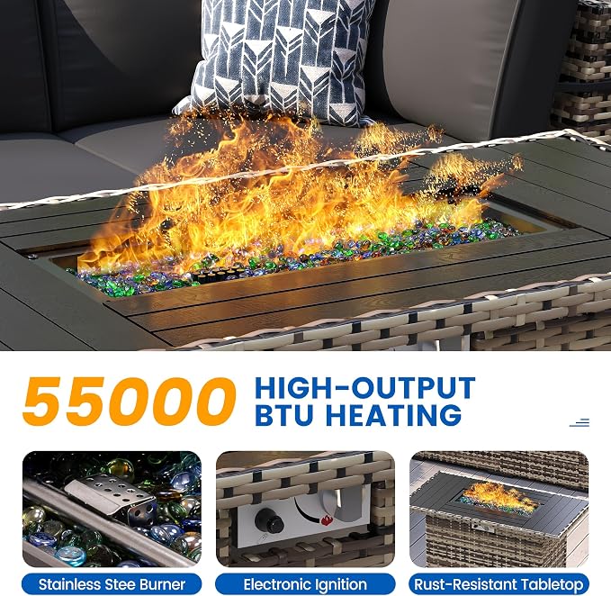 8 Pieces Outdoor Patio Furniture Set with 44" Fire Pit Table Yellow Rattan Sectional Conversation Sets w/Gas Fire Pit, Coffee Table, 1 Waterproof Covers, Black