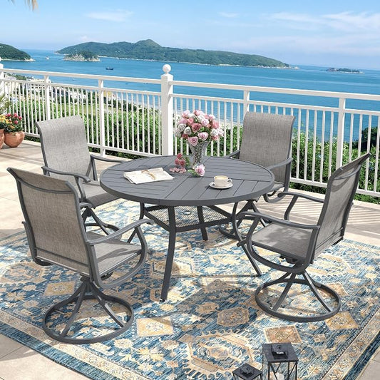 Outdoor Dining Set for 4, 40.7" Metal Round Outdoor Dining Table with Umbrella Hole and Sling Patio Swivel Chairs, 5 Pieces Patio Table and Chairs Set for Garden Backyard, Grey and Dark Grey