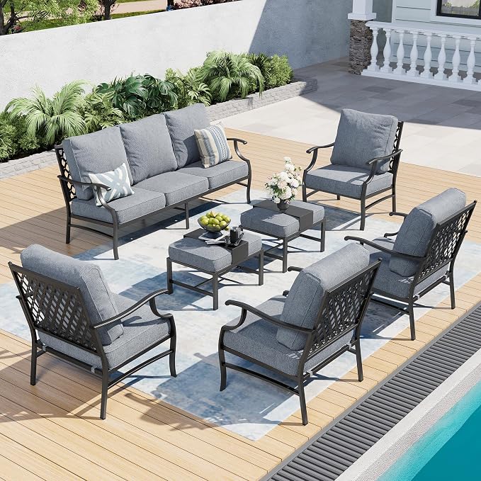 SUNSHINE VALLEY 7 Piece Metal Outdoor Patio Furniture Set, Patio Conversation Sets 1 3-seater Sofa, 4 Fixed Chair, 2 Ottomans with 5.75" Thick Cushion, Black All-weather Frame Backyard Furniture, Gray