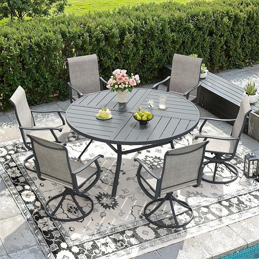 DIFY Patio Table and Chairs Set for 6, 7 Piece Outdoor Dining Set Includes 50" Round Metal Dining Table with Umbrella Hole and 6 Textilene Swivel Patio Chairs, for Garden Backyard Deck, Grey