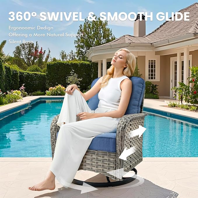 8 Pcs Patio Outdoor Furniture Set - All Weather Wicker Outdoor Sectional Sofa Couch with Swivel Fire Pit Table and Rocking Chairs e,Patio Rattan Conversation Set for Garden Deck Yard,Denim Blue
