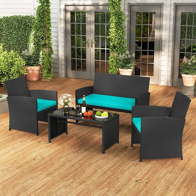 RELAX4LIFE 4-Piece Patio Furniture Set - Wicker Rattan Outdoor Sectional Sofa Set w/Glass Coffee Table, Loveseat, 2 Chairs & Soft Cushions, Bistro Conversation for Garden Porch (1, Black-Turquoise)