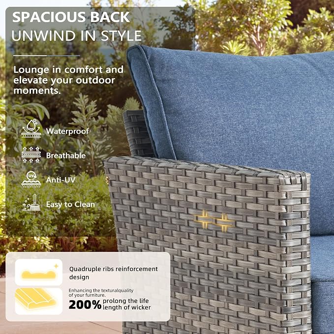 CAODOC 8-Piece Outdoor Wicker Patio Set with 9 Seats, Including 43" Fire Pit - Sectional Sofa and Conversation Set for Backyard or Lawn, Gray Rattan with Waterproof Blue Cushions