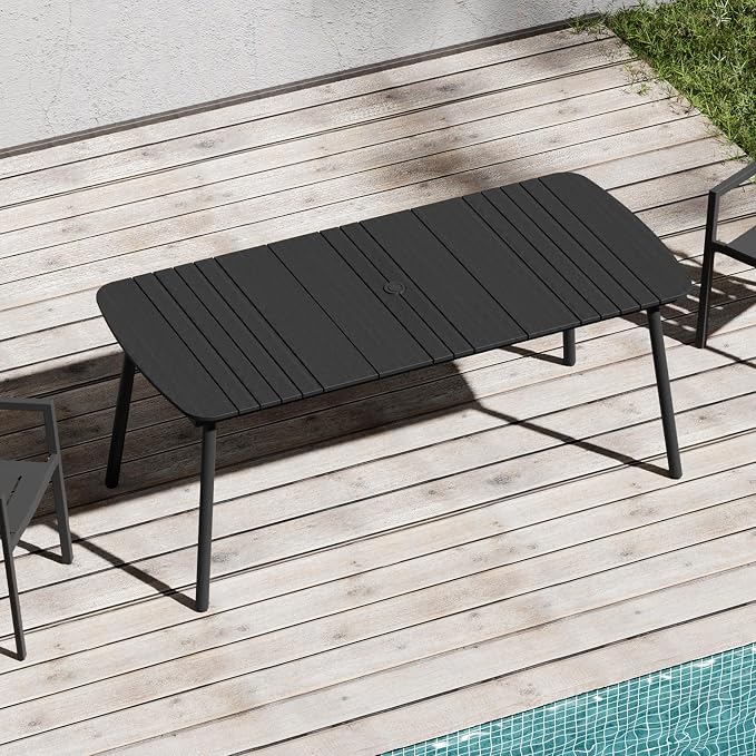 70" Outdoor Dining Table for 6, Black Patio Table | 1.6" Umbrella Hole Rectangle Table with Aluminum Frame and Waterproof Wood Grain Tabletop for Lawn Backyard Garden Poolside
