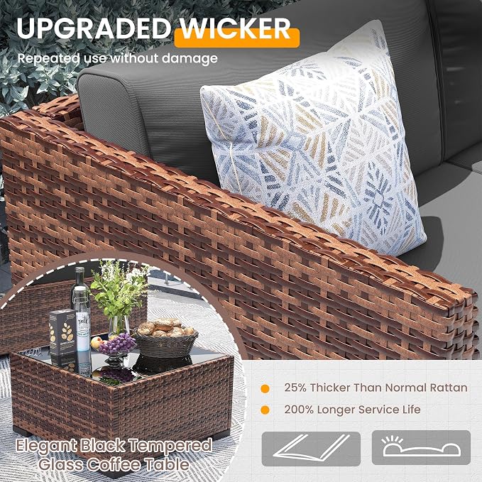 UDPATIO Patio Furniture Set, 7 Pieces Outdoor Sectional Sofa with 105°Slanted Back, Modular Rattan Conversation Set for Poolside, Backyard, Deck, with Coffee Table, Grey