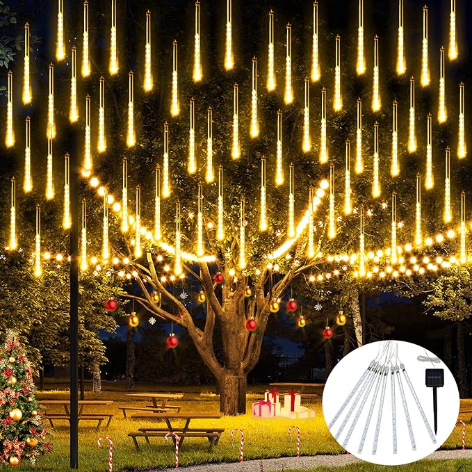 JMEXSUSS Solar Meteor Shower Lights Outdoor, 8 Tube 144 LEDs | Warm White Solar Christmas Lights for Tree Eave Xmas Holiday Party Patio House Wedding Decor