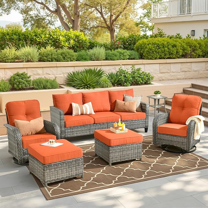 CAODOC 6 Pieces PE Wicker Patio Furniture Set, Outdoor Sectional Sofa with Swivel Chairs, Modern Rattan Conversation Set for Yard, Garden, Lawn, Deck, and Backyard