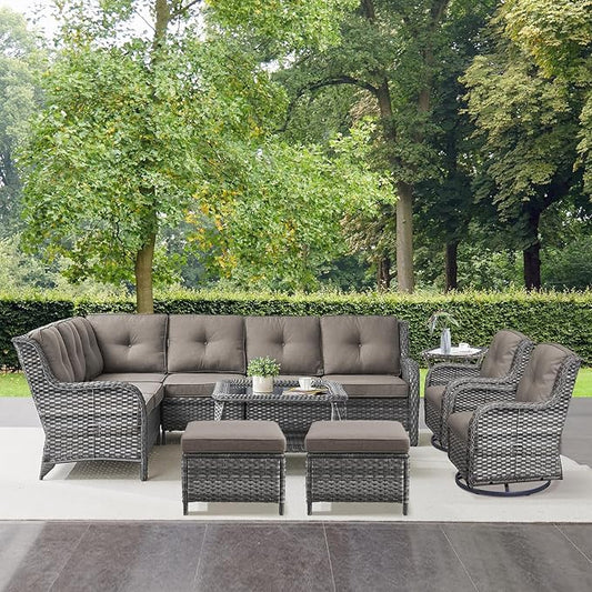 Belord 8 Piece Wicker Patio Furniture Set, Outdoor Swivel Rocker Chairs Set of 2 with Ottomans and Sectional Couch, All Weather Patio Conversation Furniture Set, for Pool,Yard Gray Wicker/Gray