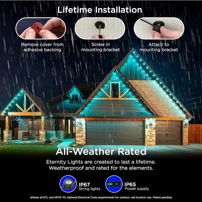 Enbrighten Eternity Permanent Outdoor Lights, 150ft, 108 Lights, Smart | Black Cord, RGBWIC LEDs, Weatherproof, Cuttable, Link to 200ft, Christmas, App Control, Works with Alexa & Google Home