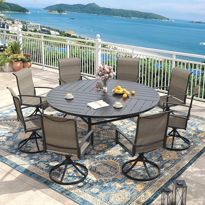 Outdoor Dining Set for 8, 63.1" Outdoor Dining Table with Umbrella Hole and Padded Textilene Patio Swivel Chairs, 9 Pieces Patio Table and Chairs Set for Garden Backyard, Mixed Brown and Black