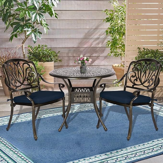 3-Piece Outdoor Patio Dining Set, All-Weather Cast Aluminum Patio Furniture Set for Backyard Garden Deck with 2 Cushioned Chairs and 35.4” Round Table, 2" Umbrella Hole, Navy Blue
