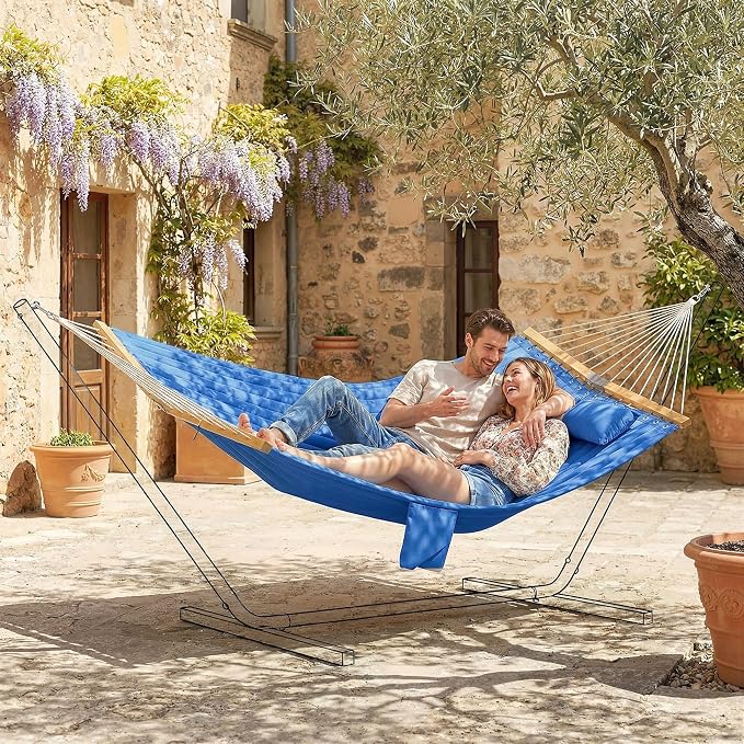 2-Person Outdoor Hammock with Pillow & Pad, 128in x 55.1in, 440lb Capacity, Quilted Polyester Fabric