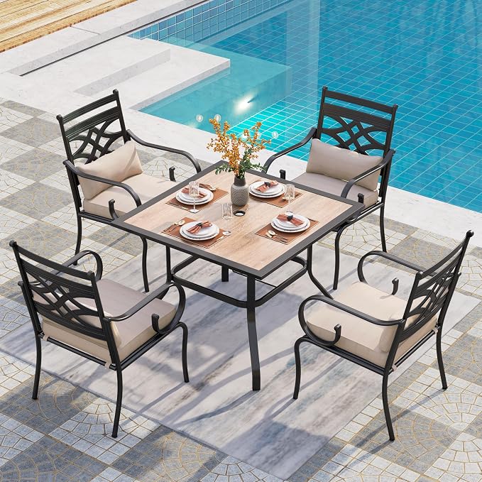 PHI VILLA Patio Dining Set, Square Metal Table | Metal chairs, Beige, Cushions, E-coated