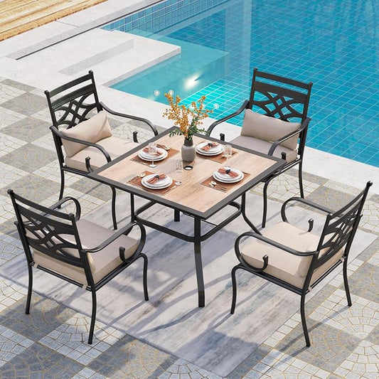PHI VILLA Patio Dining Set, Square Metal Table | Metal chairs, Beige, Cushions, E-coated