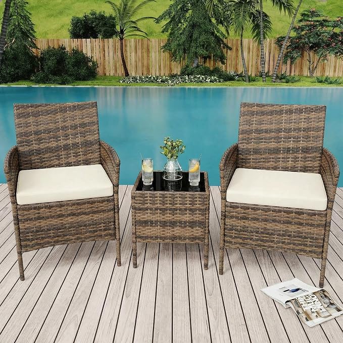 3 Piece Outdoor Patio Furniture Set, All-Weather Brown Wicker Rattan Conversation Set with Cushions, Chairs & Coffee Table for Porch, Backyard & Balcony