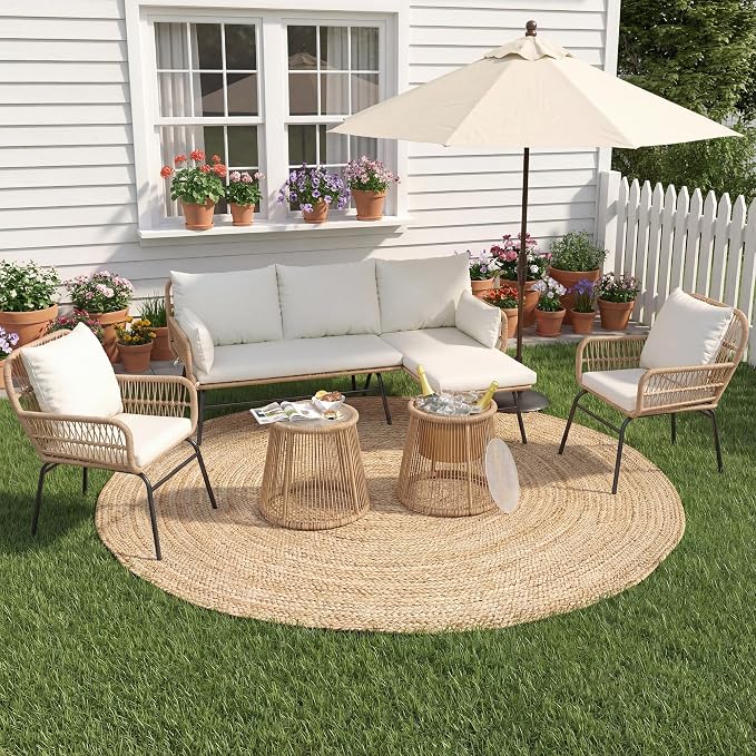 6-Piece Boho Outdoor Patio Furniture Set, L-Shaped Wicker Sectional Sofa with Ice Bucket Table & High Back, Sturdy 500lbs Frame for Garden Balcony Deck or Backyard, Beige