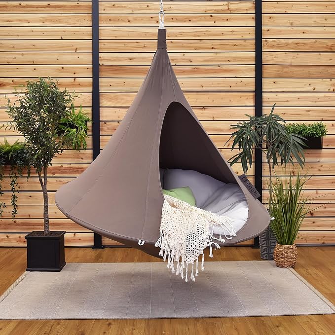 Single Cacoon Hanging Chair – Cozy Indoor/Outdoor Hammock with Polyester Canvas, 440 lb Capacity, Includes 18ft Rope & Carabiner (Taupe)