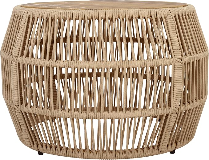 Round Acacia Wood Side Table with Light Beige Rope Frame, Teak Finish Top, 150 lbs Capacity, No Assembly Required, Weather-Resistant Accent Table for Patio Backyard Living Room