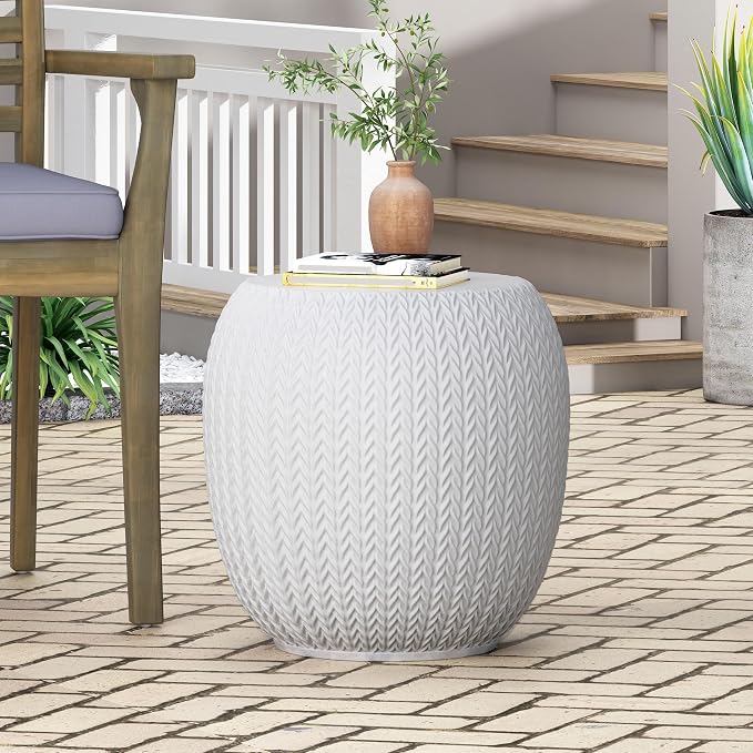 Outdoor Side Table 15.75" Drum Shape Lightweight Concrete-Look Outdoor Indoor Accent Table Decorative Garden Stools, for Patio Porch Living Room, White