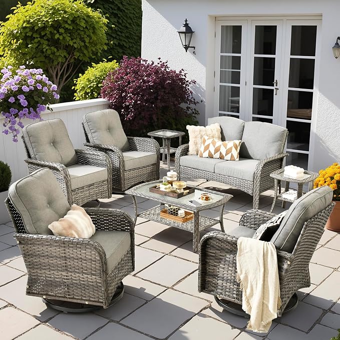 8 PCS Patio Outdoor Furniture Set with Swivel Rocking Chairs,All Weather Wicker Rattan Patio Seating Sofa and Chairs Set,Outdoor Conversaiton Sets for Deck Yard Prrch Garden Poolside,Dark Grey