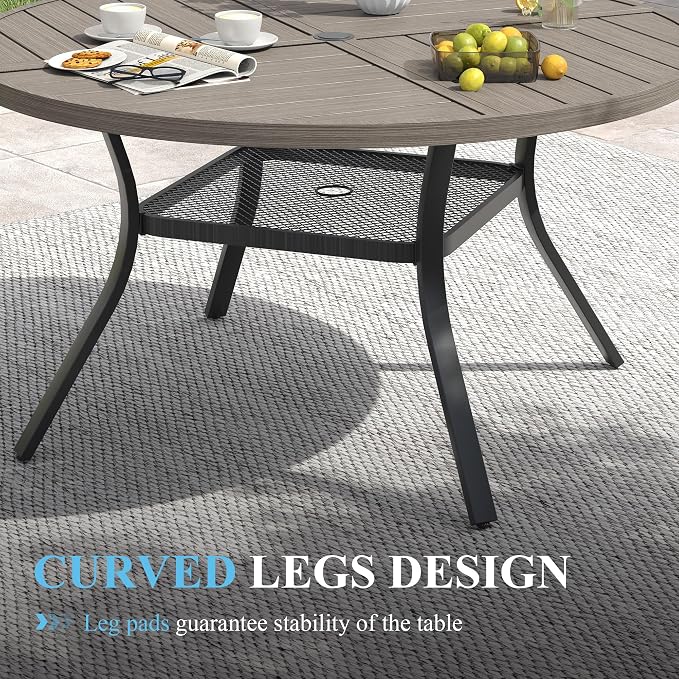 VICLLAX 40.6" Round Patio Table with Umbrella Hole, All Weather Metal Outdoor Dining Table for 4, Outside Table with Storage Shelf for Lawn Garden, Grey Wood-Grain Finish