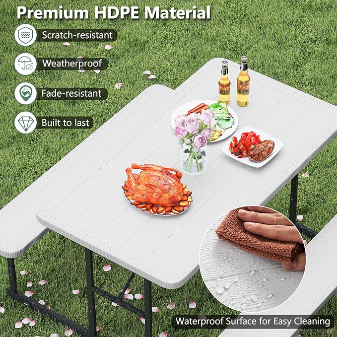 LDAILY Picnic Tables with Benches, Rectangular Dining Table Set for Outside 4 People, HDPE Tabletop, Metal Frame, Umbrella Hole, Heavy Duty Picnic Table for Outdoors, Patio, Lawn, Commercial (White)