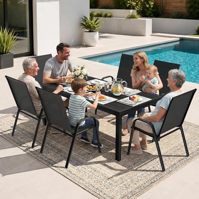 7-Piece Outdoor Dining Set, All Weather Patio Table and Chairs Set with Umbrella Hole for 6, Steel Slat Table and 6 Textilene Chairs for Backyard, Poolside and Deck, Black(No Umbrella)