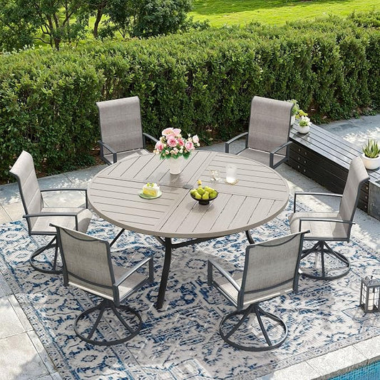 DIFY 7 Piece Outdoor Dining Set, Metal Patio Table and Chairs Set, 53.1" Grey Wood-Like Round Dining Table & 6 Grey Padded Textilene Swivel Patio Chairs, Outdoor Furniture Set for Garden Backyard