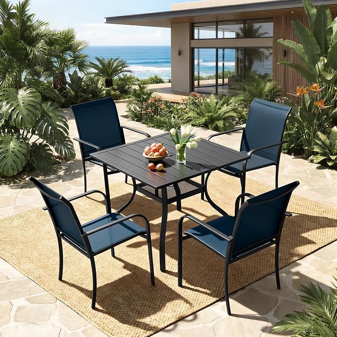 Crownland 5 Piece Patio Dining Set, Outdoor Textilene Dining Sets, 4 Textilene Metal Chairs and Square Outdoor Dining Table with 1.57" Umbrella Hole (Blue)