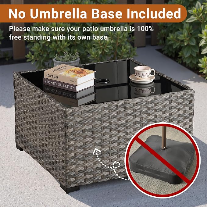 HOOOWOOO Outdoor Patio Side Table with Umbrella Hole,Wicker Coffee End Table Glass Top,Umbrella Table with 1.64" and 2" Hole for Yard,Deck,Porch,Garden(Rectangle Brown)