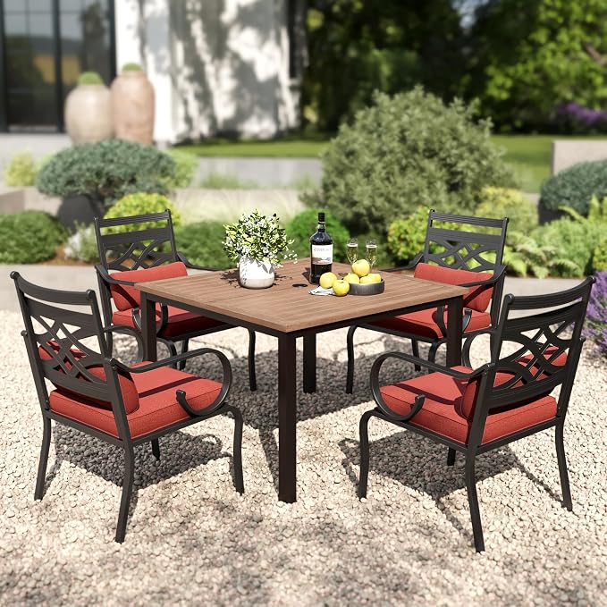 PHI VILLA Patio Dining Set, Square Metal Table | Metal chairs, Red, Umbrella Hole, Cushions, E-coated