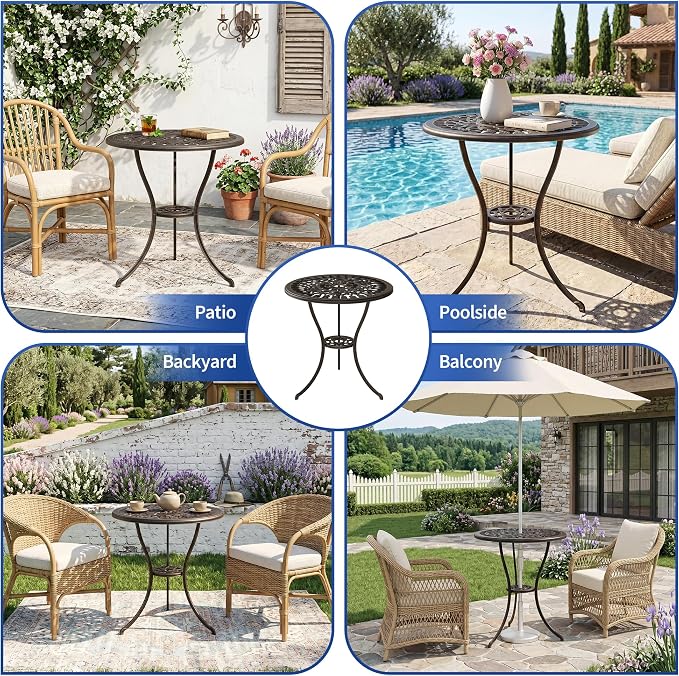 Garvee 23" Round Patio Dining Table with Umbrella Hole,Antique Cast Aluminum Outdoor Bistro Table,Umbrella Table,Side Table,End Table,Outdoor Furniture for Backyard,Garden,Patio,Porch,Bronze