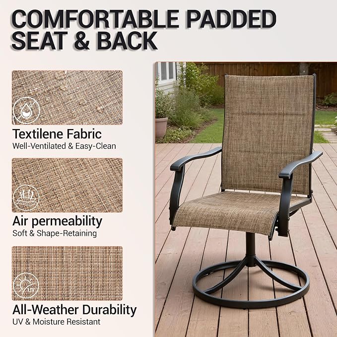 Patio Swivel Rocker Chairs Set of 2, Outdoor Dining Chairs High Back,15° Gentle Rocking Patio Chair with Padded Textilene, Metal Frame for Poolside Lawn Garden,Brown(2 PCS)
