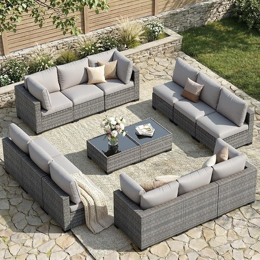 FHFO 14 Piece Outdoor Wicker Patio Furniture Set, Grey/Light Grey | Sectional Sofa | All-Weather Hand-Woven Rattan | Tempered Glass Coffee Table | Free Combination | Indoor & Outdoor Use