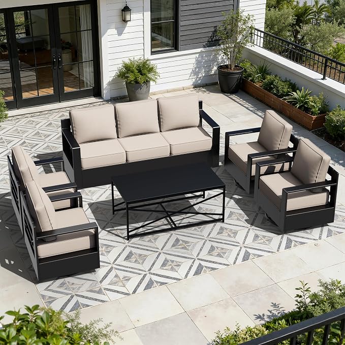 Outdoor Aluminum Furniture Set, 5-Piece Patio Conversation Set, 4 Swivel Chairs, 1 Sofa and 1 Table, All-Weather Metal Frame, 6" Thick Removable Cushions, Deep Setting for Garden, Porch