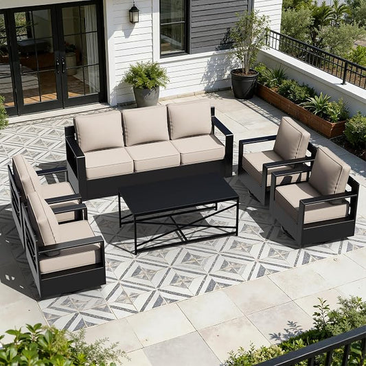 Outdoor Aluminum Furniture Set, 5-Piece Patio Conversation Set, 4 Swivel Chairs, 1 Sofa and 1 Table, All-Weather Metal Frame, 6" Thick Removable Cushions, Deep Setting for Garden, Porch